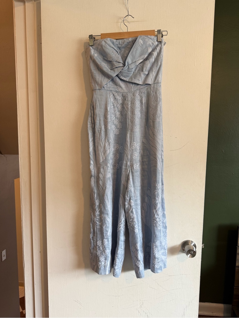 Anthropologie Aijek Natalia Embroidered Wide leg jumpsuit Sky Blue cropped
